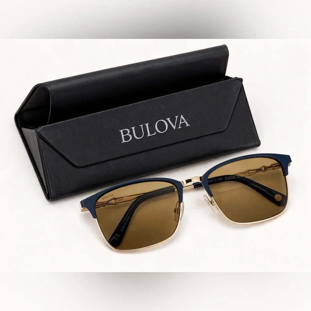 Bulova Endicott Sunglasses Navy Gold Amber Lens Browline w Case Rx lenses